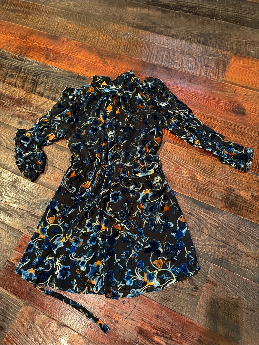 French Connection Black Floral Velvet Dress with Blue and Gold Accents